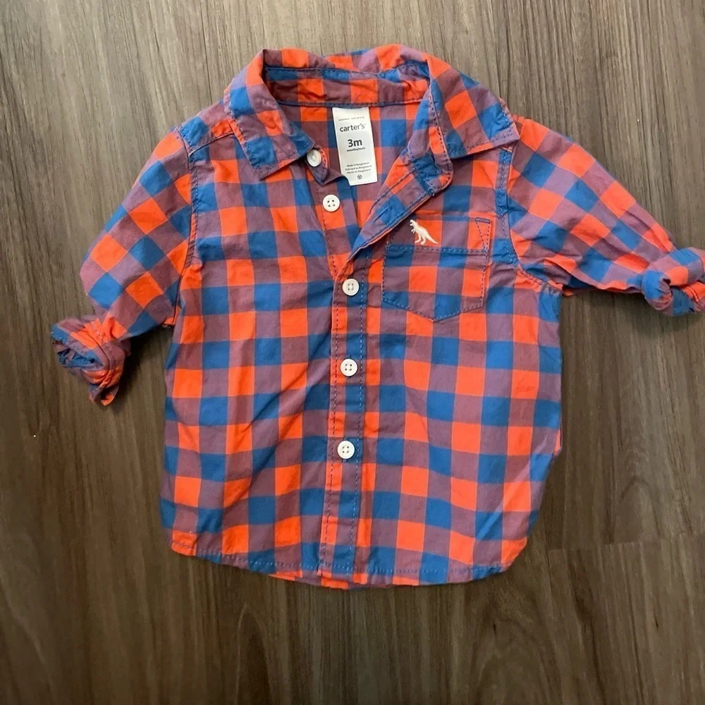 Carter's Blue and Orange Button Down Shirt Vibrant Plaid Design size 3M